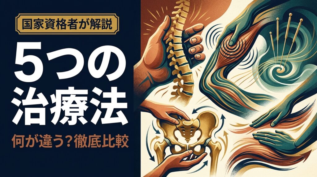 5つの治療法（何が違う？徹底比較）— 整体・マッサージ・カイロ・オステオ・鍼灸の違い