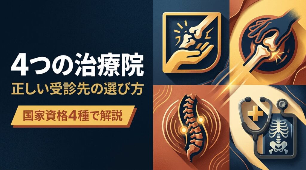 4つの治療院（正しい受診先の選び方）— 整骨院・接骨院・整体・整形外科の違い完全ガイド