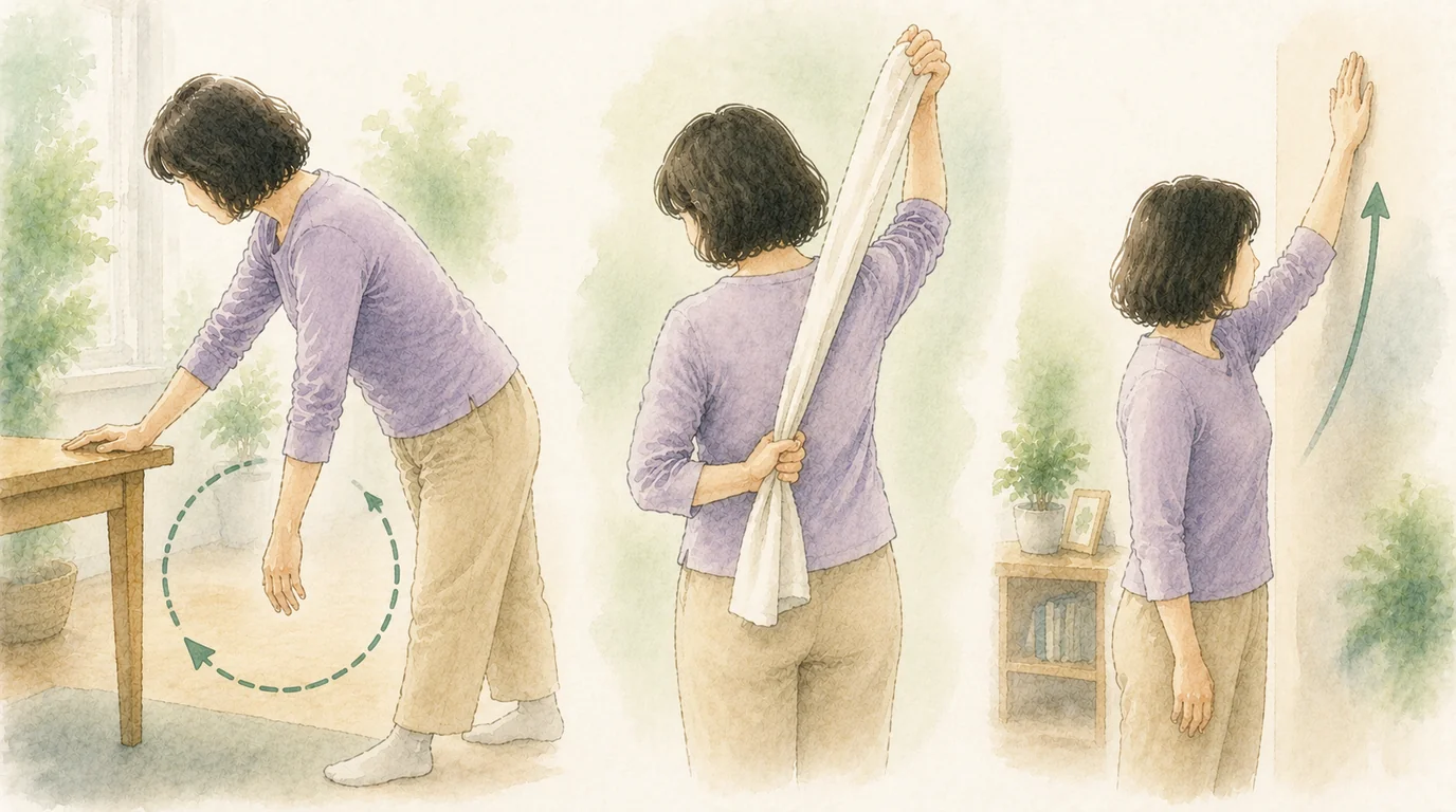 五十肩 拘縮期の自宅ストレッチ3種：振り子・タオル・壁登り