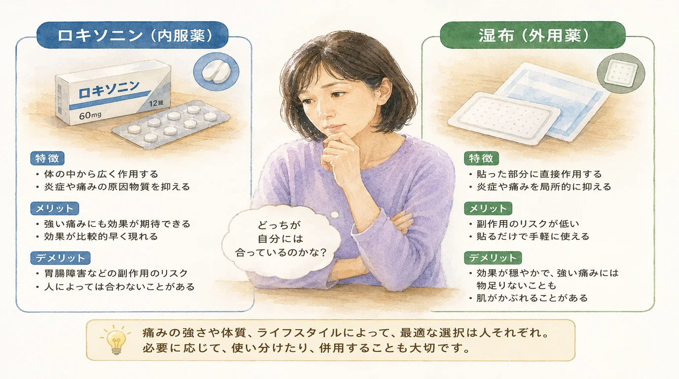 ロキソニン（内服薬）と湿布（外用薬）の比較：特徴・メリット・デメリット