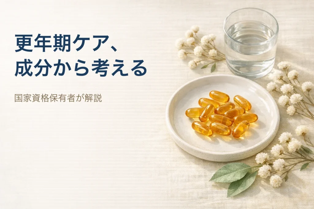 母の滴プラセンタEXと更年期ケアのイメージ（サプリと水・植物）