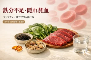鉄分が豊富な赤身肉・ほうれん草・あさり・ひじきと鉄サプリ。鉄分不足と隠れ貧血のイメージ
