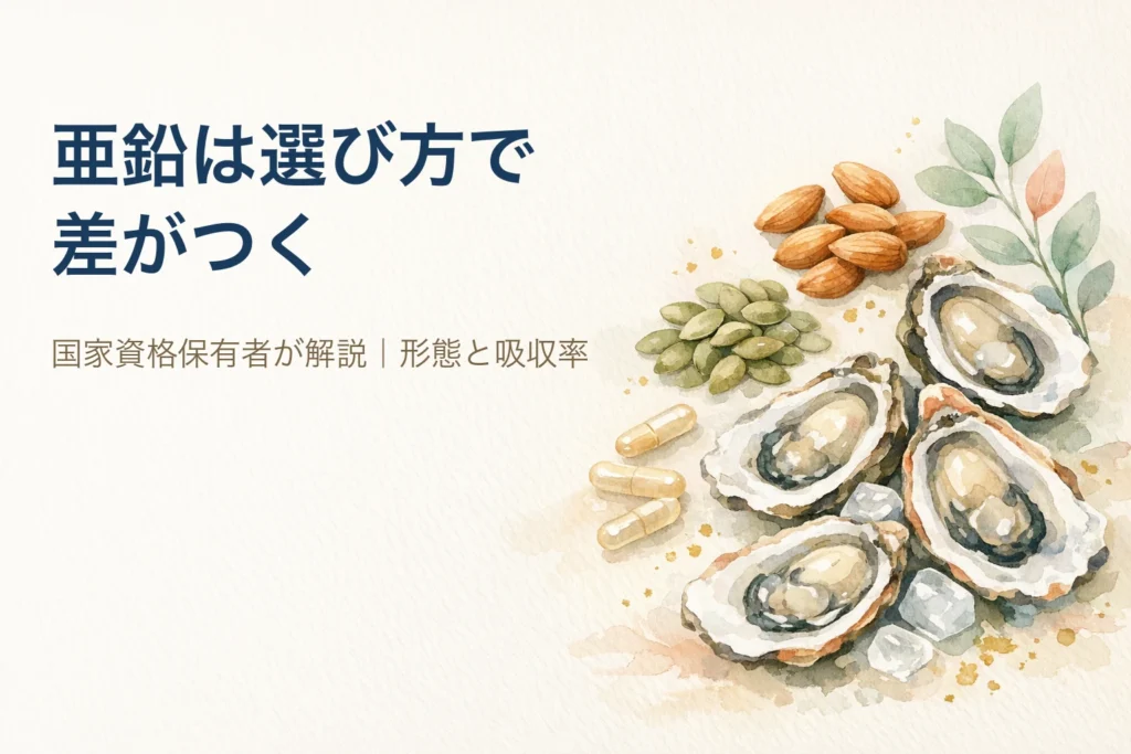 亜鉛を多く含む食材（牡蠣・アーモンド・かぼちゃの種）とサプリメントのイメージ